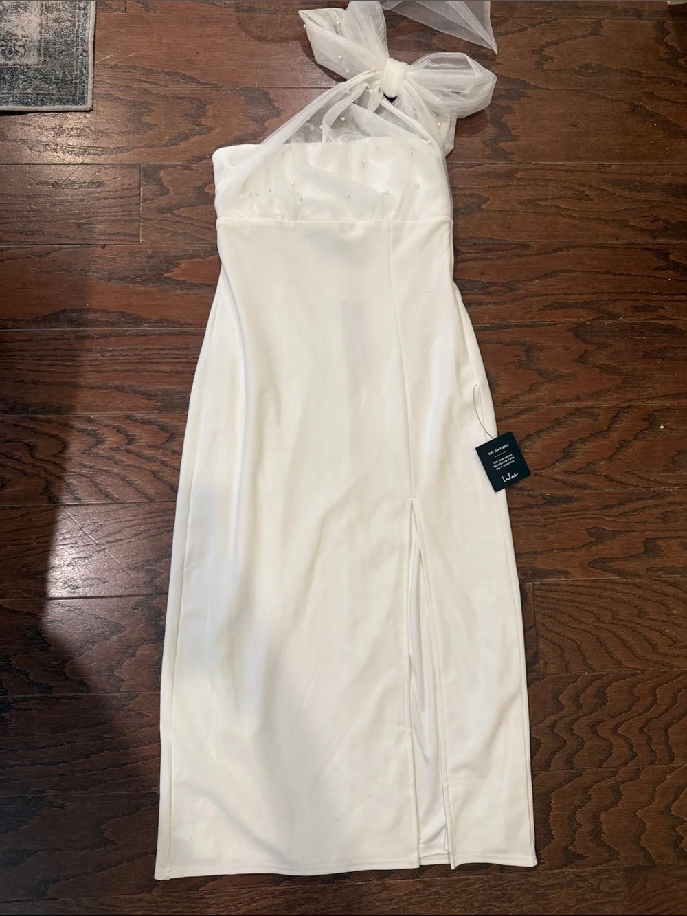 Lulus NWT Elegant Indication mesh one shoulder midi dress, medium
